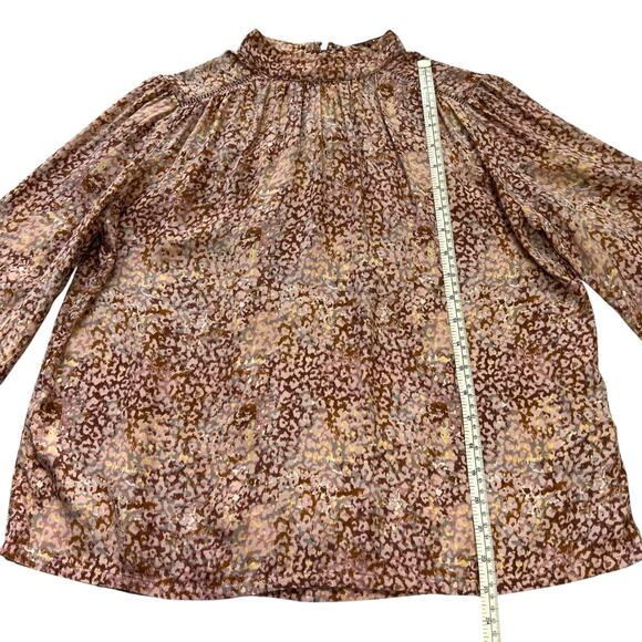HINGE Ruffle Mock Neck Blouse | M | Pink Multi Leopard Print | Romantic Boho - Picture 7 of 14